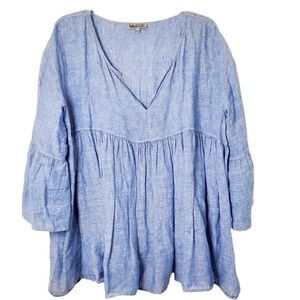 Tutu & Lilli Blue Linen Fluted Sleeve Oversized Empire Top Popover Blouse